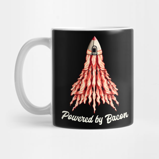 A rocket ship made entirely out of bacon strips and saying "Powered by Bacon." Funny by T-shirt US